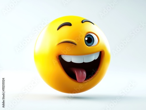 A fun-loving emoji with one eye winking mouth open in laughter set against a clean white backdrop with no distractions