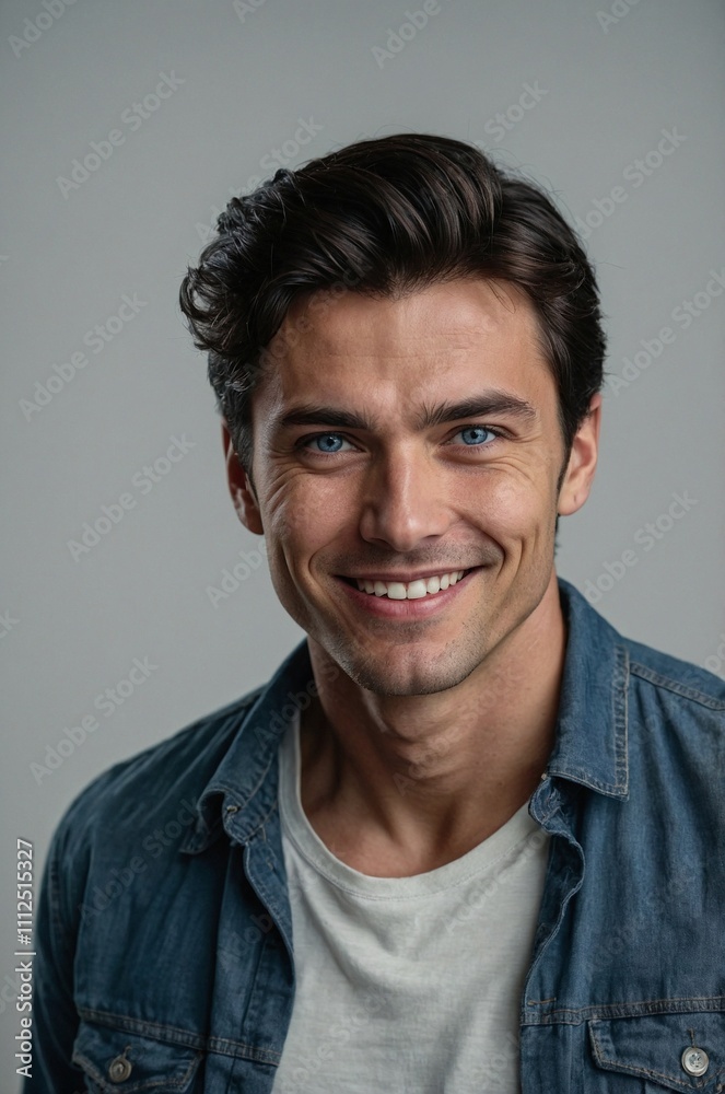 Handsome man smiling brightly against a blue background Handsome man smiling brightly against a blue background