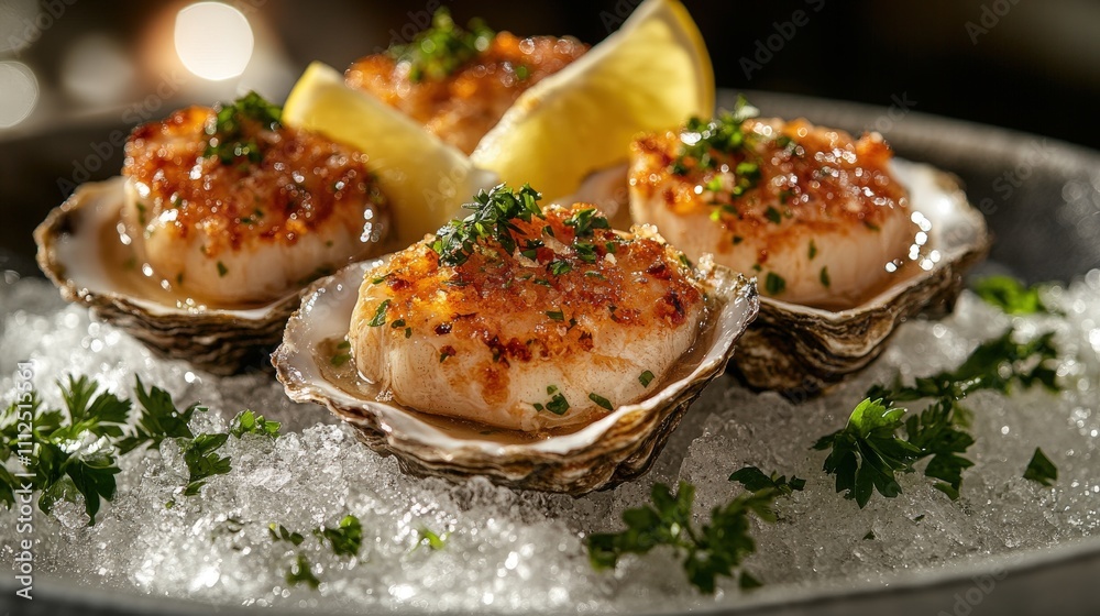 A delectable platter of baked oysters garnished with herbs and lemon, served on ice, showcasing a gourmet seafood dish. A delectable platter of baked oysters garnished with herbs and lemon, served on ice, showcasing a gourmet seafood dish.