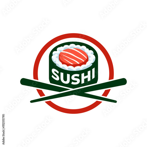 Sushi logo design emblem vector illustration template in circle simple icon of Japanese traditional food with chopstick