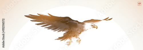 Ink painting of eagle in flight against a golden circle, symbolizing freedom and strength. Traditional Japanese ink wash painting sumi-e. Translation of hieroglyph - spirit