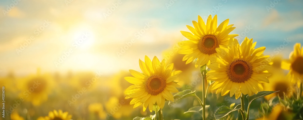 Fototapeta premium Sunflowers in full bloom in a wide open field during sunset, illuminating the landscape with a golden glow