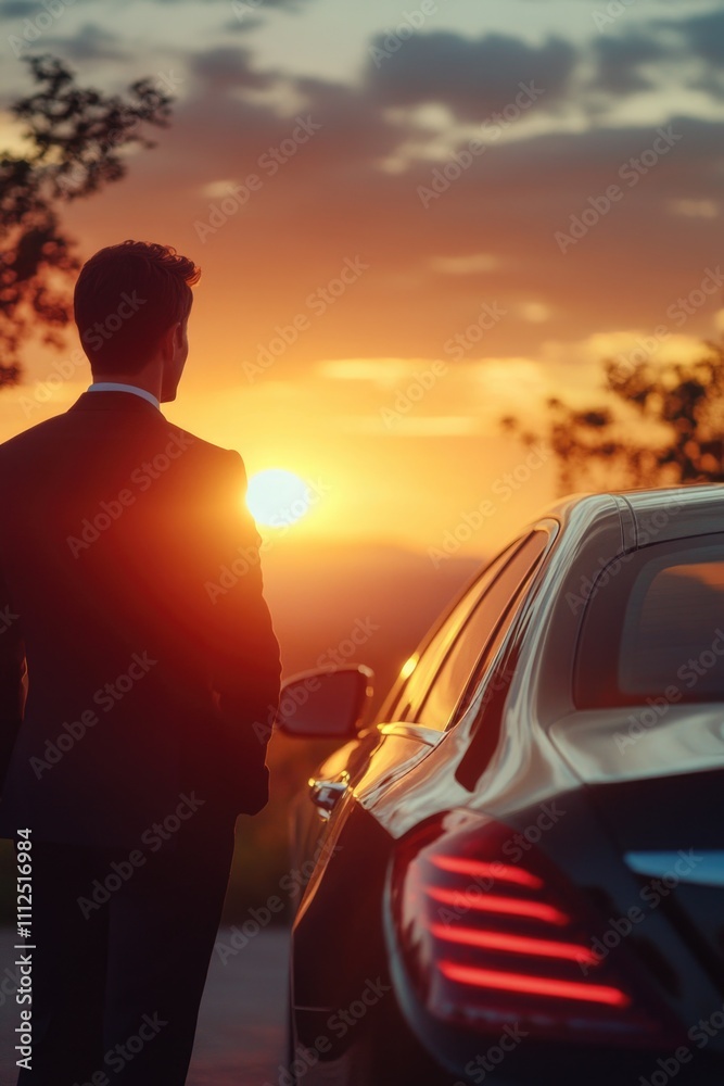 A businessman stands next to a car, suitable for corporate or commercial use A businessman stands next to a car, suitable for corporate or commercial use