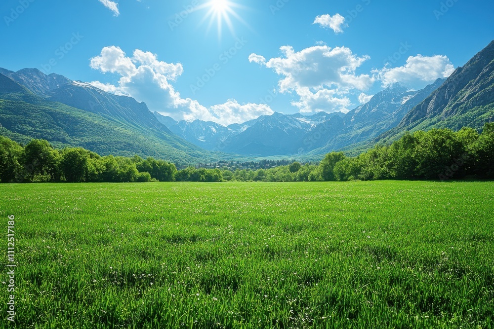 Grassy field with mountains in the background and sun shining Grassy field with mountains in the background and sun shining