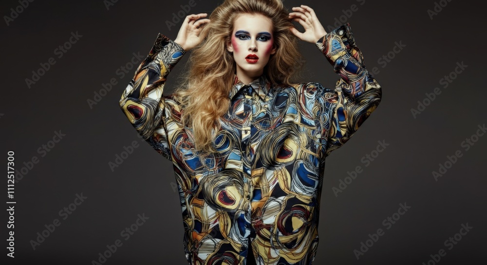 Fashion Model in Abstract Print Oversized Shirt Fashion Model in Abstract Print Oversized Shirt