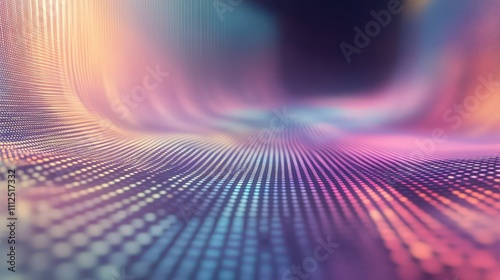 A holographic pixel grid with soft pastel colors, shifting iridescent tones creating a futuristic, abstract display against a dark gradient background