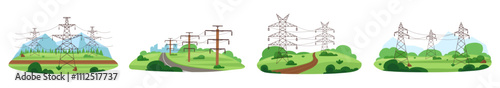 High voltage wires on nature and in forest. Electric power for city or village. Energy distribution transmission, powerlines nowaday vector scenes