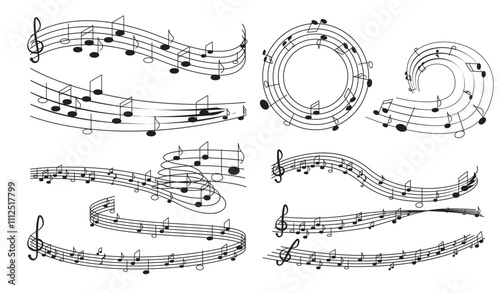 Music notes wave set. Half, quarter, eighth and triplet notes. Musical melodies and songs. Pack of patterns and ornaments. Flat vector collection