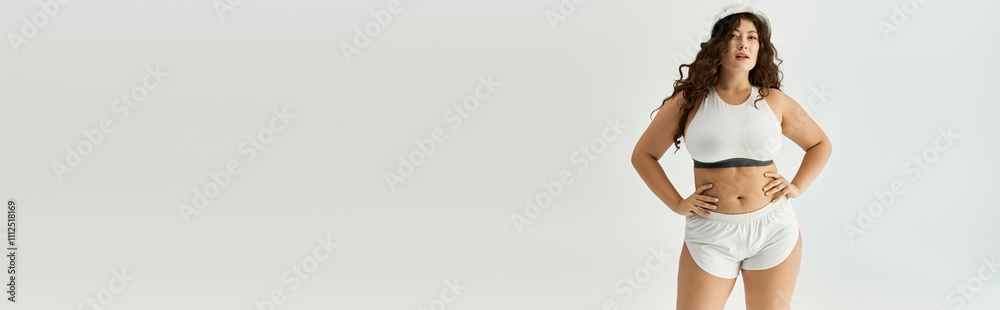 Fototapeta premium Plus size woman confidently models chic underwear against a sleek backdrop.