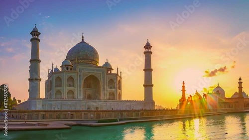 A stunning sunset view of the Taj Mahal, reflecting on water, showcasing architectural beauty.