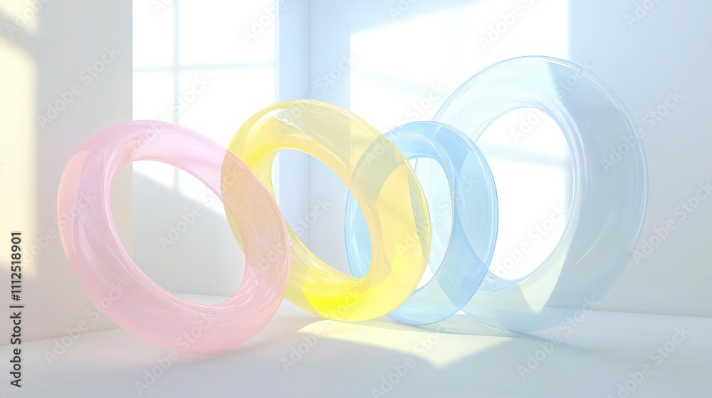 Interlocking transparent rings and spheres in pastel yellow, pink, and blue, set in a minimalist white room with natural light highlighting their soft edges Interlocking transparent rings and spheres in pastel yellow, pink, and blue, set in a minimalist white room with natural light highlighting their soft edges