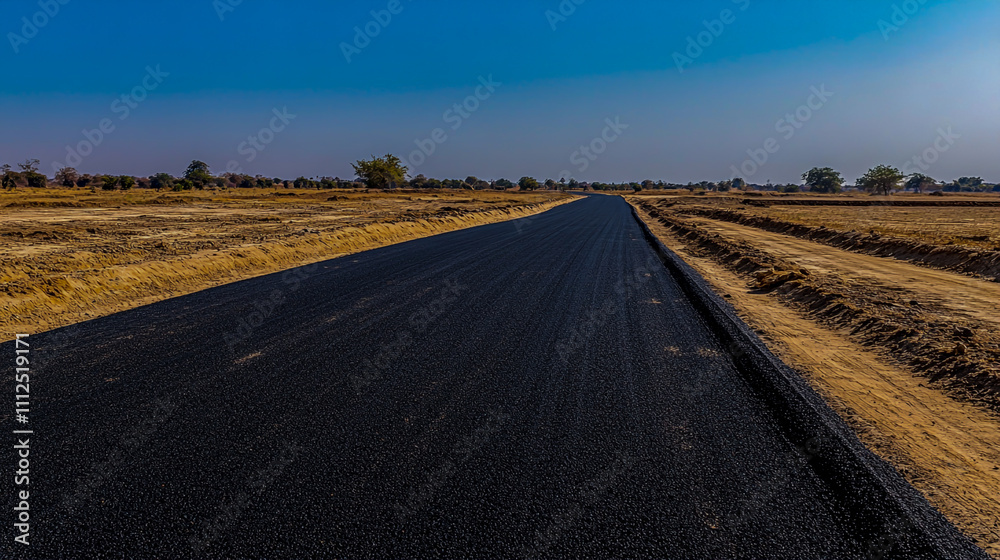 Naklejka premium Side view of a paved asphalt road under a clear blue sky, showcasing a scenic outdoor landscape