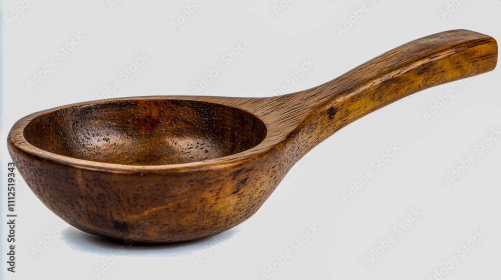 Side view of a small wooden spoon with a rounded bowl and long handle, natural wood finish Side view of a small wooden spoon with a rounded bowl and long handle, natural wood finish