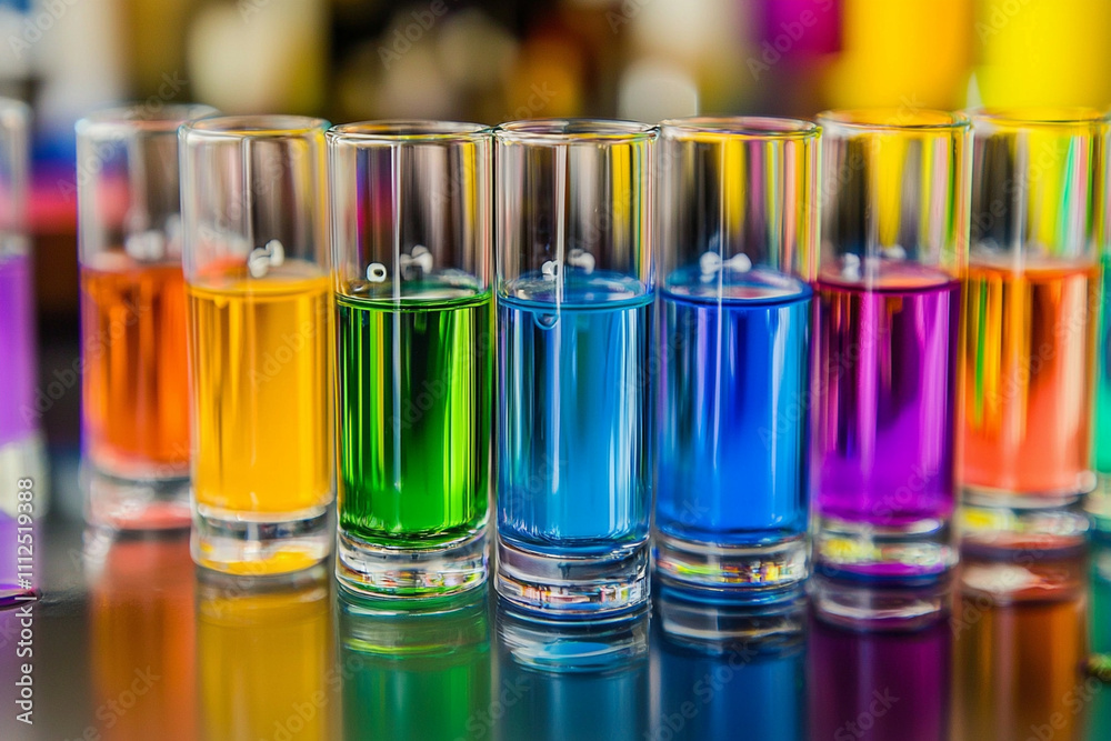 Colorful stacked shot glasses filled with vibrant liquids at a bar Colorful stacked shot glasses filled with vibrant liquids at a bar