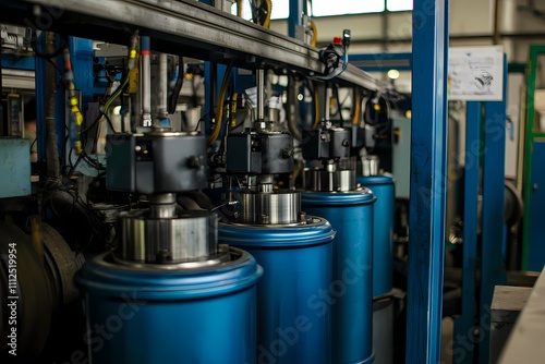 Industrial Equipment in Manufacturing Process with Blue Cylinders