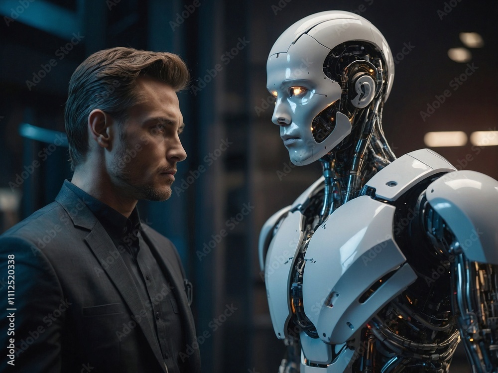 Human and AI cyborg engaged in tense dialogue Human and AI cyborg engaged in tense dialogue