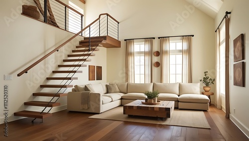 Farmhouse home interior design of modern living room with wooden staircase.