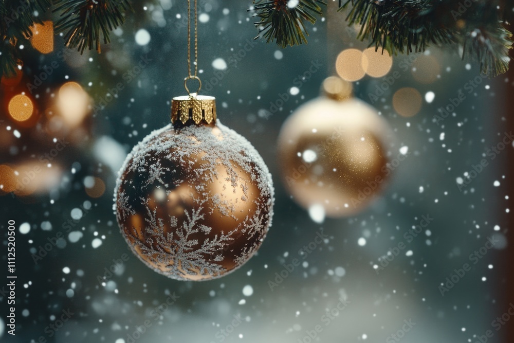 Close-up view of a Christmas ornament hanging from a tree branch, decorated with festive lights and ornaments Close-up view of a Christmas ornament hanging from a tree branch, decorated with festive lights and ornaments