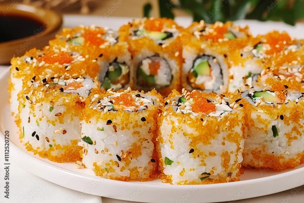Fresh sushi rolls on a white plate garnished with sesame seeds Fresh sushi rolls on a white plate garnished with sesame seeds