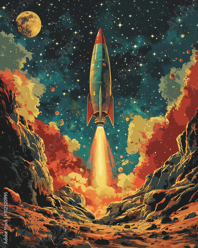vintage rocket launches toward a starry sky on a vibrant alien planet with a dramatic colorful backdrop