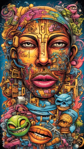 Complex and rich composition in graffiti style, combining bright colors, diverse images and elements of urban culture. Street art, contemporary artwork.