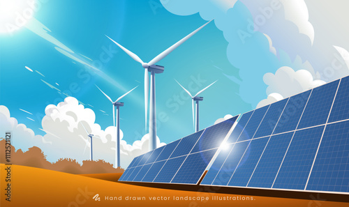 Environmental theme illustrations New energy solar cells and wind power