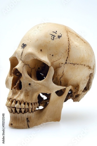 A detailed view of a human skull on a white background, often used in medical or scientific contexts