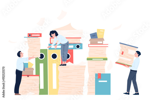 Paperwork concept. Bureaucracy scene. Office workers working with papers and folders stacks. Overload documents managers, business recent vector characters