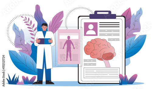 Neurologist doctor concept. Man in medical uniform near structure of brain. Anatomy and biology. Diagnosis and treatment. Flat vector illustration