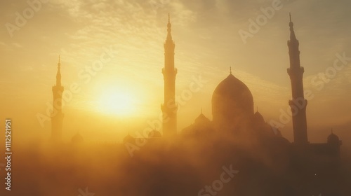 Majestic Silhouette of a Mosque at Sunrise with Soft Fog and Golden Light Creating a Serene and Peaceful Atmosphere in the Early Morning Sky photo