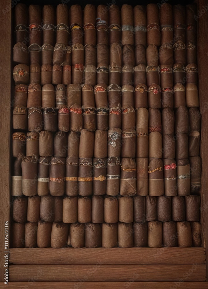 Fototapeta premium A stack of cigars neatly arranged on a wooden rack inside a large, dark humidor against a black background, cigar lounge, collection