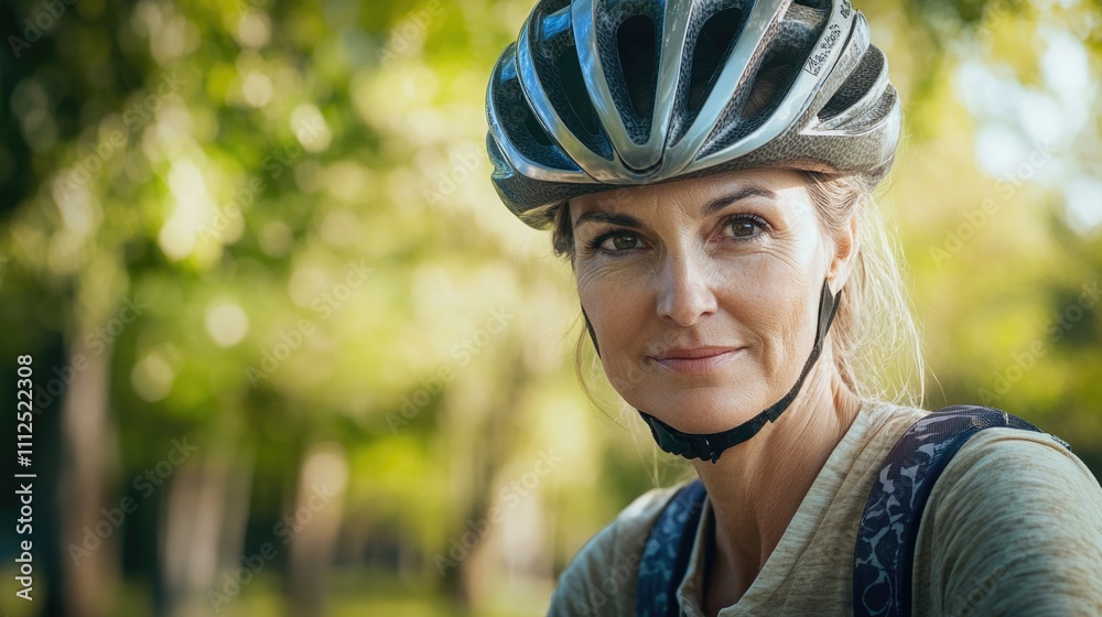 A woman wearing a bike helmet in a park