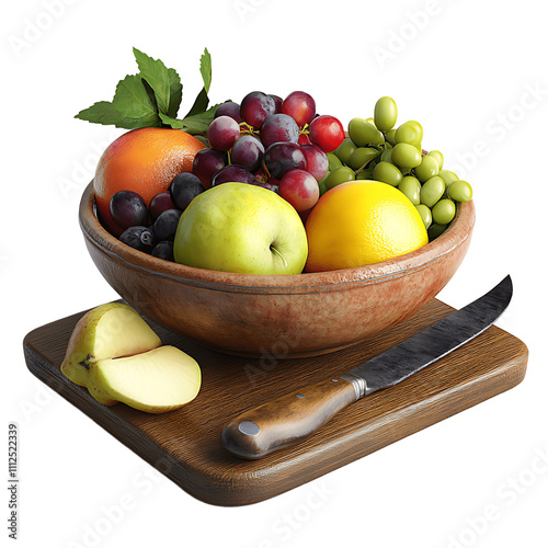 A rustic wooden bowl overflows with a variety of fresh fruits, including apples, oranges, and grapes, accompanied by a knife and cutting board. photo