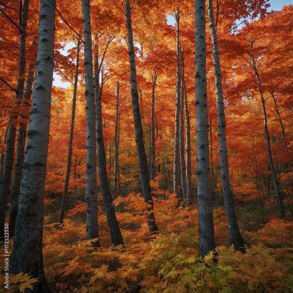 Fototapeta premium A fiery maple tree glowing brightly in an early autumn forest.