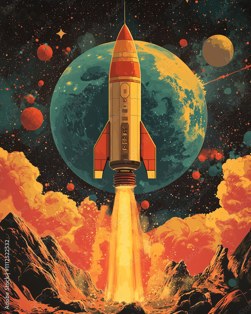 Fototapeta premium bold retro rocket launches toward a vibrant moon, framed by a fiery alien landscape and twin planets