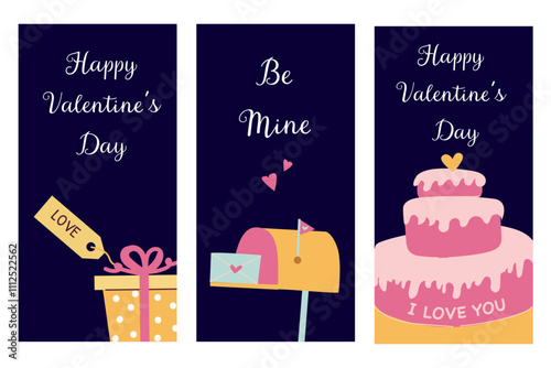 Romantic valentine's day cards with gifts, hearts, and cakes for loving celebration.