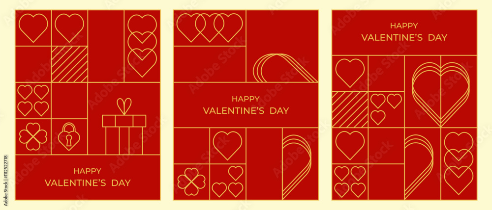 Fototapeta premium Set of Valentine's Day invitation cards.Modern geometric design with golden hearts on red background.Vector template for cover,poster.