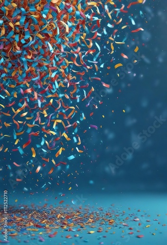 Confetti scattered on blue background with vibrant colors falling from top, colorsful confetti, celebratory scene photo