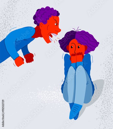 Abusive husband vector illustration, bad family man scream and shout on scared woman his wife, domestic violence, despotic husband, psychological violence abuse, alcoholism and aggression.