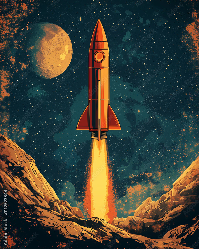 Naklejka premium bold retro rocket ignites its engines, blasting off towards a starry night sky over a craggy alien surface