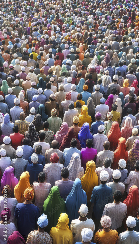 Fototapeta premium large prayer gathering with diverse attendees wearing colorful attire and head coverings, showcasing unity and devotion in vibrant atmosphere