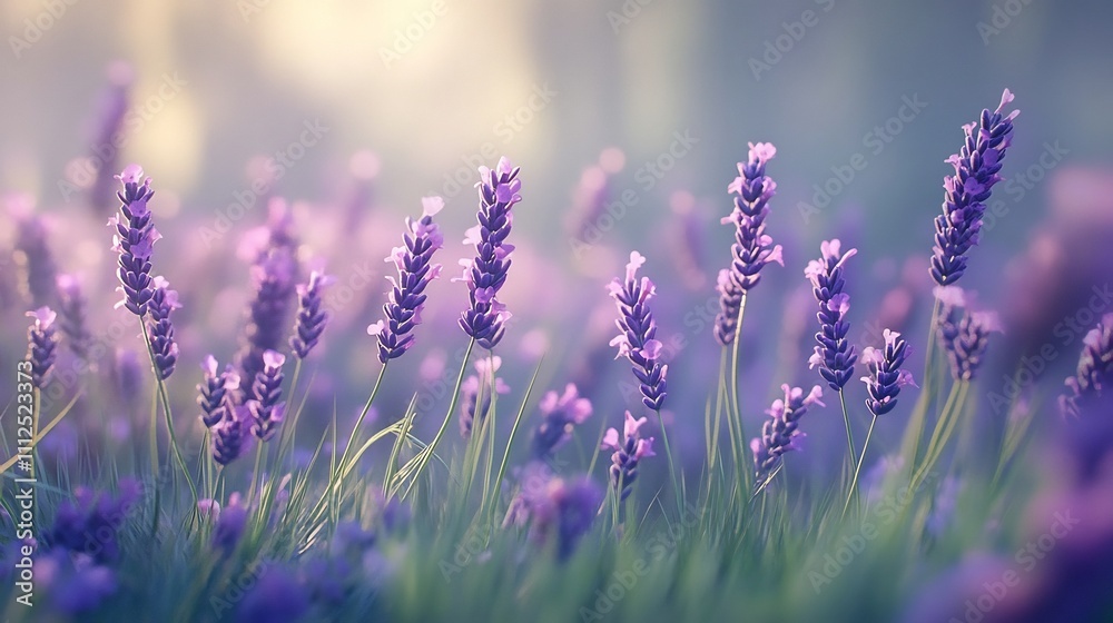 Naklejka premium Lush,vibrant purple lavender flowers with soft green stems gently swaying in the calm breeze of a serene,pastoral landscape. A peaceful,tranquil scene of natural botanical beauty.
