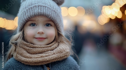 A cheerful young girl stands in a bustling winter market, dressed warmly in a cozy scarf and hat. Soft lights and holiday decorations create a joyful atmosphere around her photo