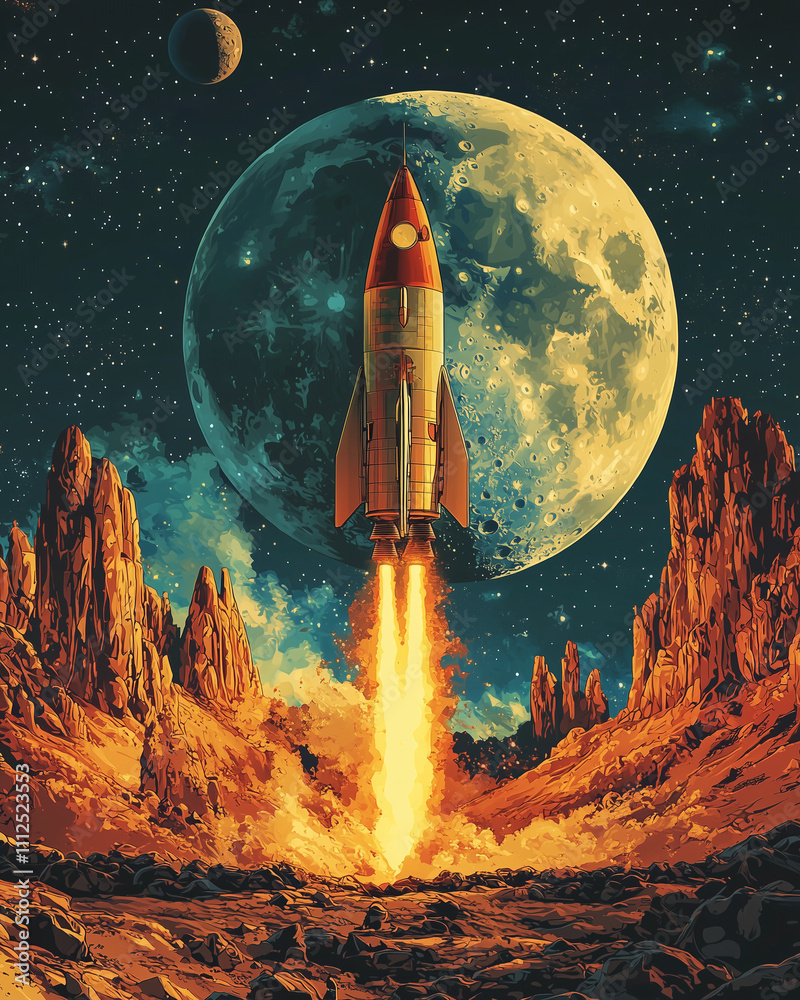 Obraz premium retro rocket launches against a celestial backdrop with a giant moon, lighting up the stark alien landscape