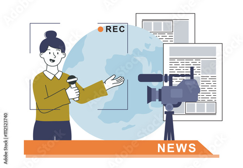 News anchor concept. Woman lead news. Anchor and journalist. Breaking news, television show. Mass media on tv channel. Linear vector illustration