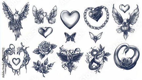 2000s-style tattoo designs.  Includes vintage images like hearts, roses, flames, bows, birds, balloon animals, butterflies, dice, and more.  Vector line art stickers.