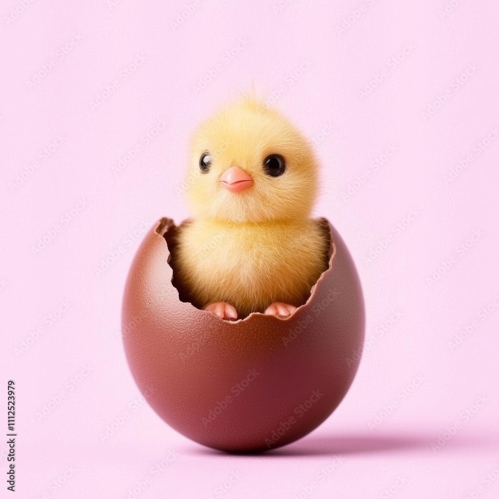 minimal photostock of a Chick hatched out of chocolate Easter egg on pastel pink background minimal photostock of a Chick hatched out of chocolate Easter egg on pastel pink background