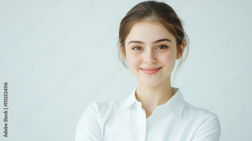 A young woman stands confidently with a pleasant smile in a bright, minimalist studio. The light background offers ample space for adding text or graphics A young woman stands confidently with a pleasant smile in a bright, minimalist studio. The light background offers ample space for adding text or graphics