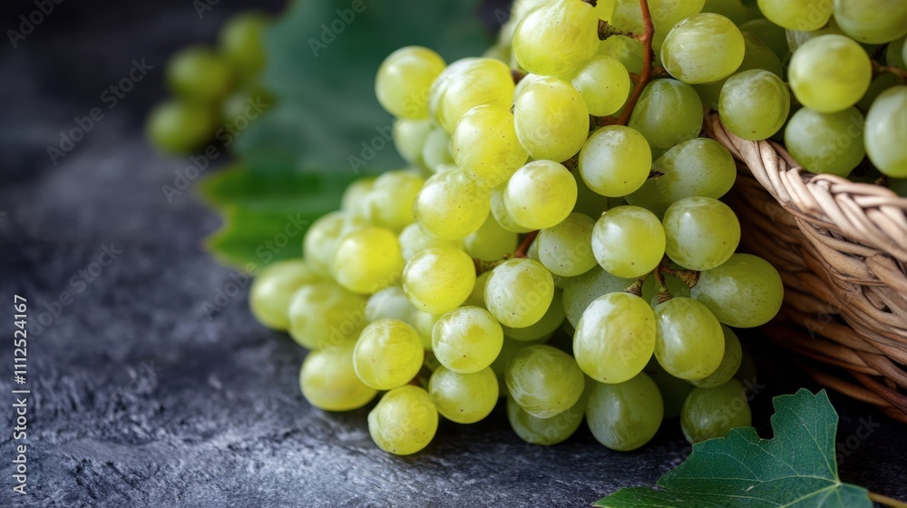 Fresh Green Grapes in a Woven Basket Surrounded by Leaves Fresh Green Grapes in a Woven Basket Surrounded by Leaves