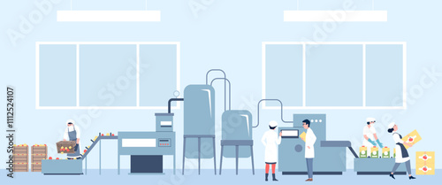 Juice production at factory. Manufacture workers working with fresh fruits and products. Carry boxes, set up equipment. Food recent vector scene